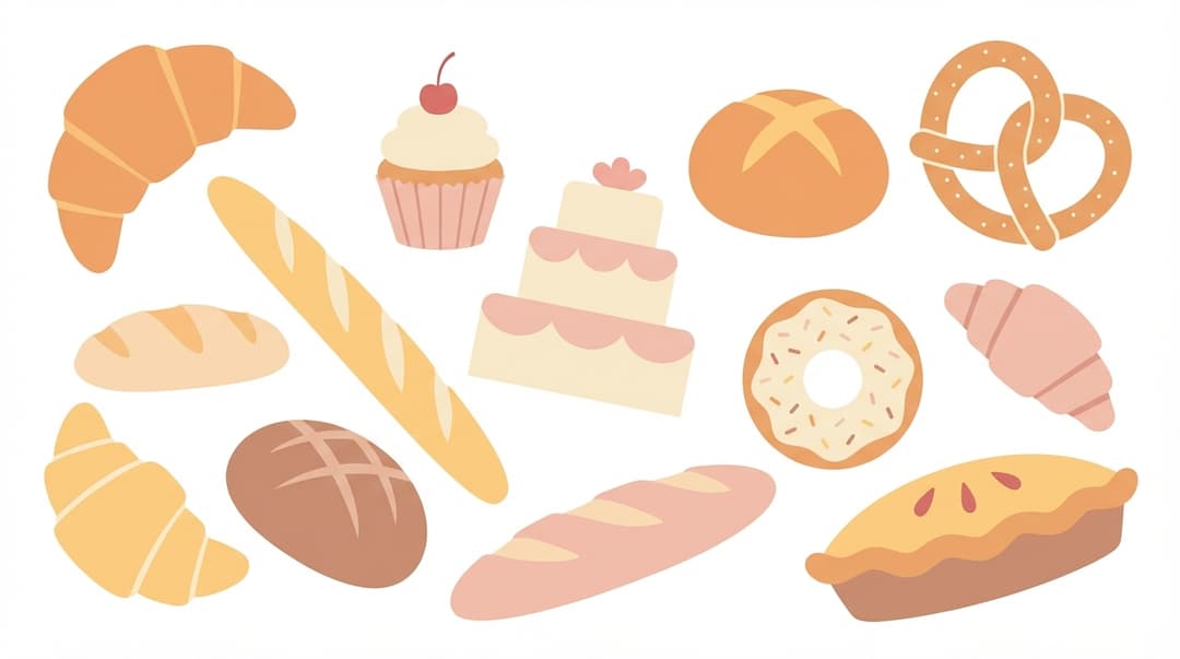 Bakery naming inspiration - croissants, cupcakes, artisan bread, and decorated cakes