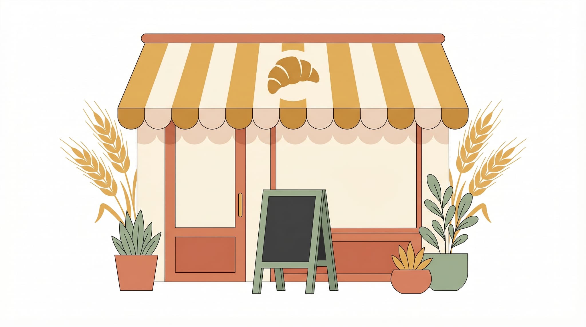 Bakery name ideas - illustrated storefront with croissant awning and wheat stalks
